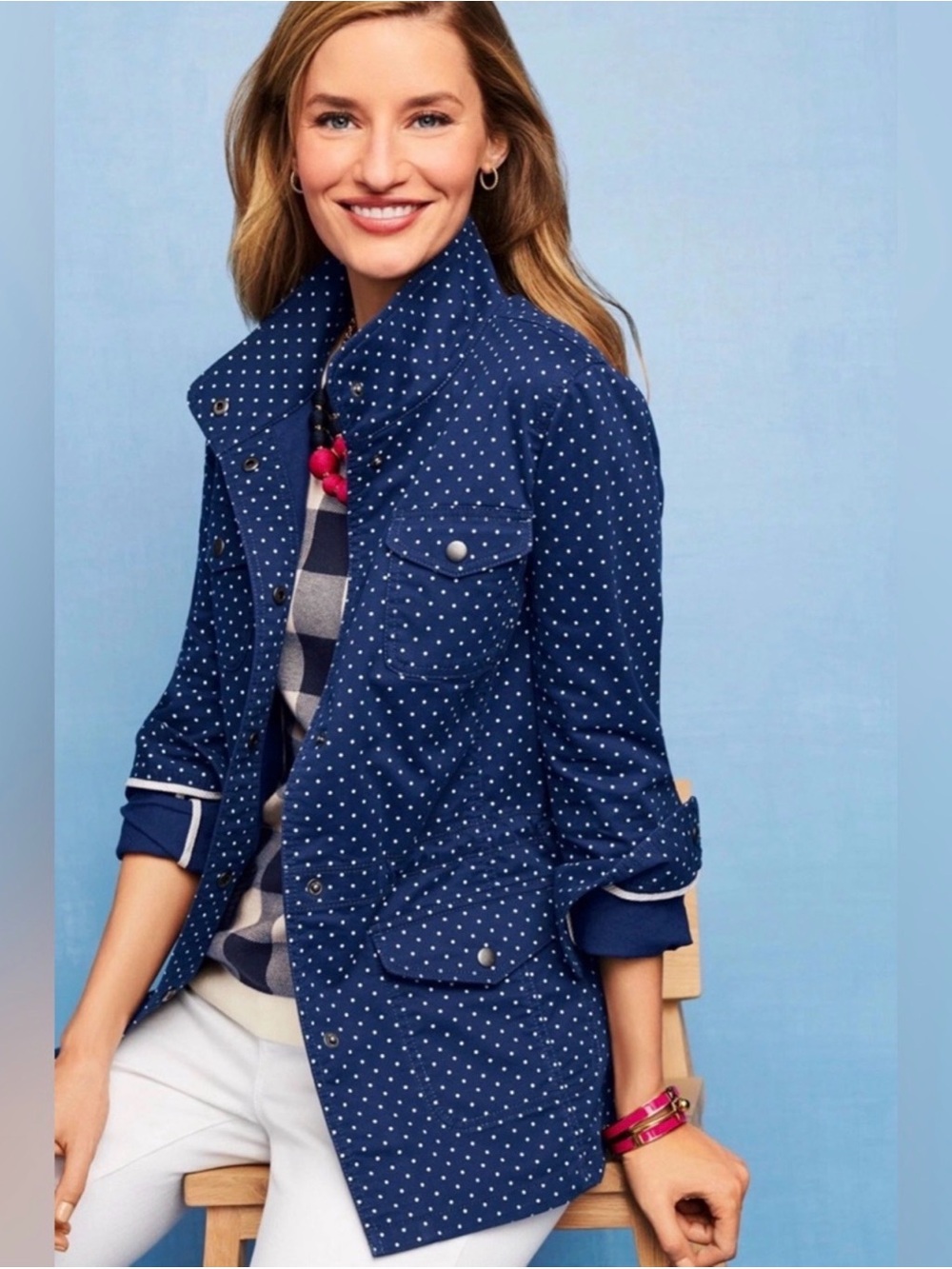 Talbots Field Utility Jacket Navy Polka Dot Preppy Nautical Size Large